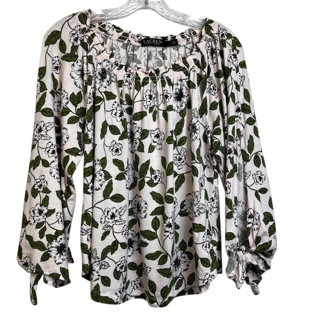 Lauren Ralph Lauren Pink Floral Peasant Blouse Smocked Balloon Sleeve Tie Cuff L